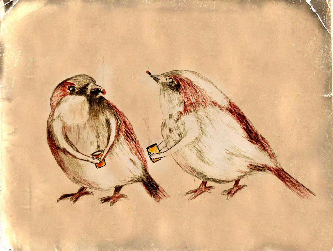Two sparrows drinking coffee